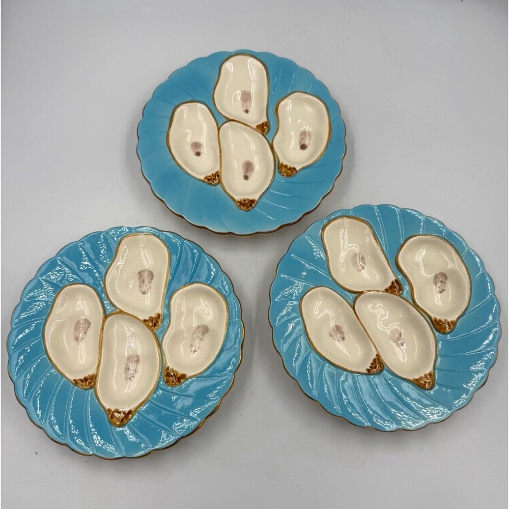 Set of 3 Abigails Aqua Gilded Ceramic Oyster Plates 7.25" Hand Painted Portugal